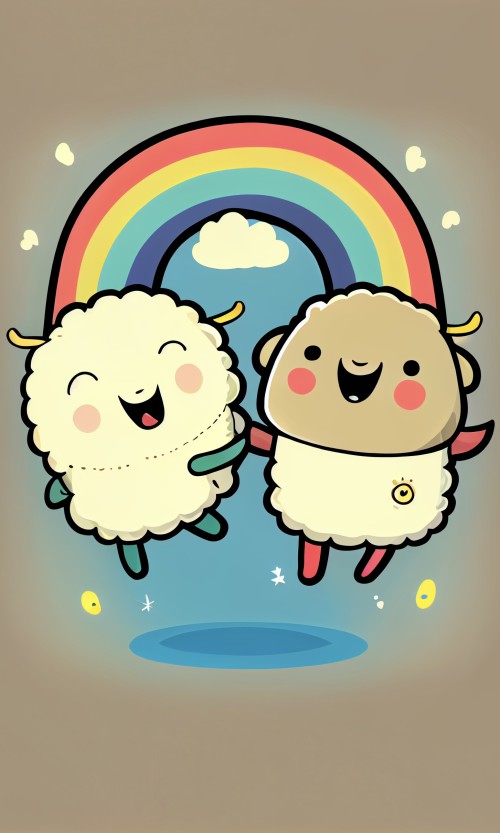 ichowck a dancing cute smiling 2 sheep no teeth sky rainbow in b7673d7b a9ef 42a0 bf1b 9764330cb5ee